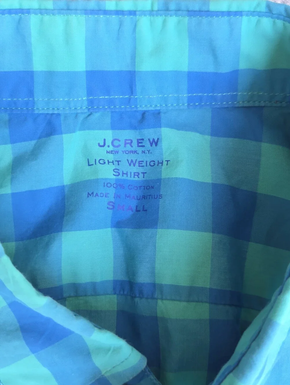 J.CREW Men's Lightweight Check Button-Down Short Sleeve Shirt Blue/Green Size-S